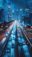 Futuristic AI driven Smart City with Autonomous Vehicles and Robots Illuminating the Night Skyline