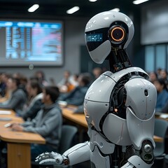 Fototapeta premium Humanoid Robot Instructor Teaching Students with Interactive Holographic Displays in Futuristic Classroom