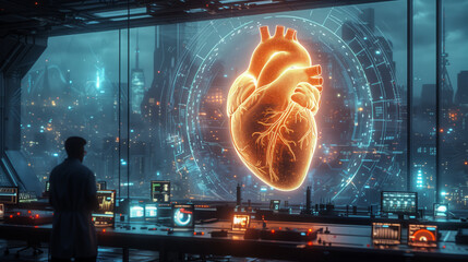 A high-tech laboratory showcases a glowing human heart model against an expansive urban backdrop during twilight.