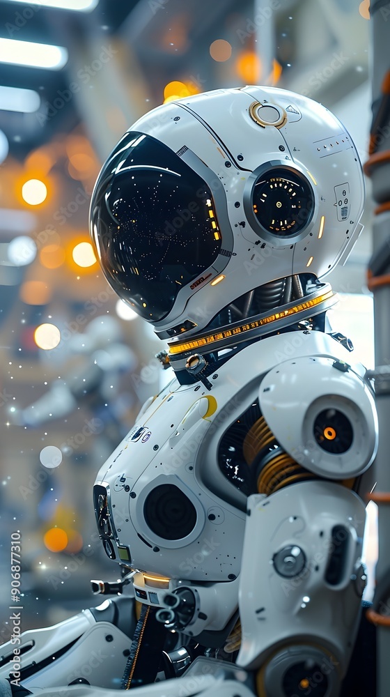 Poster advanced ai driven space station with robots and astronauts collaborating on futuristic and scientif