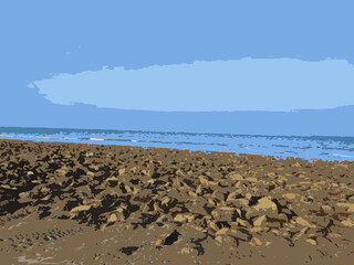 Sea beach View of palm tree reflecting water during sunrise. Beautiful landscape of summer sea. Silhouette of plam trees with colourful sunset. Vector illustration.