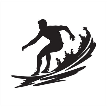 recommend clip art: Vector illustration black silhouette of a surfer surfing silhouette white background
                    