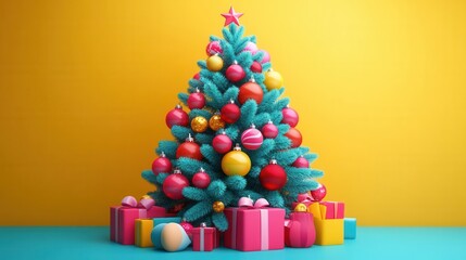 3D Realistic 8K Animation Christmas tree with AI-generated ornaments, glowing and shifting colors, high-tech environment, sleek and modern design