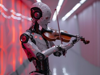 Fototapeta premium Humanoid Robot Performing Futuristic Concert with Precision Violin Playing