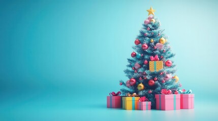 Fototapeta premium 3D Realistic 8K Animation Christmas tree with AI-generated ornaments, glowing and shifting colors, high-tech environment, sleek and modern design