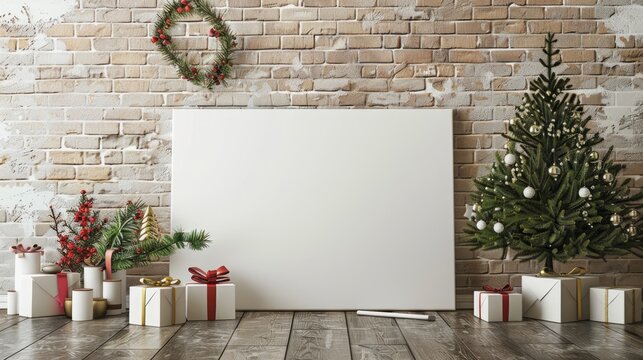 Mock up poster with white canvas and brick wall for Christmas theme