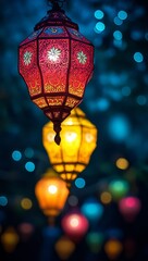 Obraz premium Festive Diwali Lanterns Adorning Night Sky - Vibrant Decorative Lights Celebration for Indian Festival, Space for Text in Center