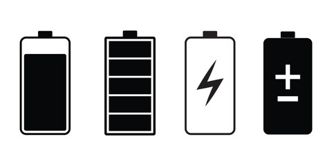 Battery icons set. Symbol of different level of accumulator charge. Battery icon vector set isolated on white background. Battery level display mark set. Vector illustration.