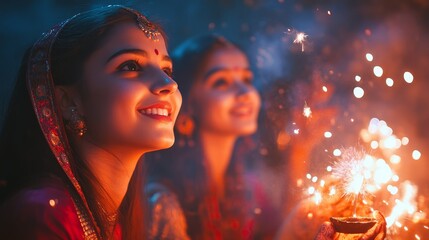 Embracing Diwali Festivities: Friends Celebrating with Fireworks in Close-Up Shot Amidst Joy and Energy, Ideal for Lively Celebrations with Text Space