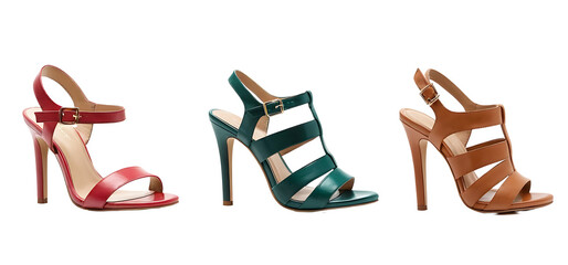 Three pairs of women's heeled sandals in red, green, and tan leather, with a caged design and ankle straps. Perfect for fashion blogs, online stores, or summer footwear promotions. Transparent PNG.