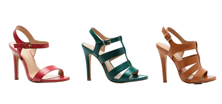 Three pairs of women's heeled sandals in red, green, and tan leather, with a caged design and ankle straps. Perfect for fashion blogs, online stores, or summer footwear promotions. Transparent PNG.
