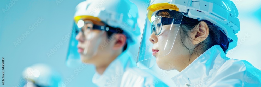 Aufkleber Asian Male and Female Scientists Analyzing Data on Transparent Screens in a Modern Lab with Advanced Technology and Robots