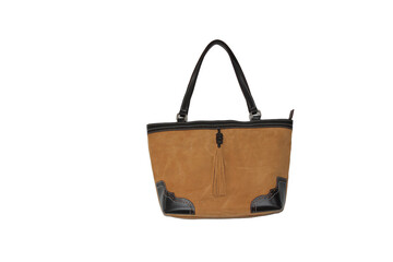 A tan purse with a black strap and a black trim