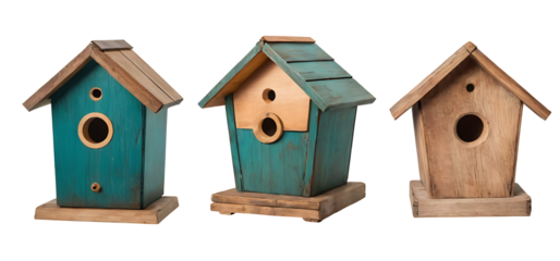 Three colorful wooden birdhouses with weathered finishes and different roof styles, perfect for garden, nature, or bird-themed designs. Transparent PNG.
