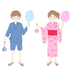 浴衣と作務衣を着ている男女の子どものイラスト。彼らは笑顔で手に綿あめとヨーヨーを持っています。