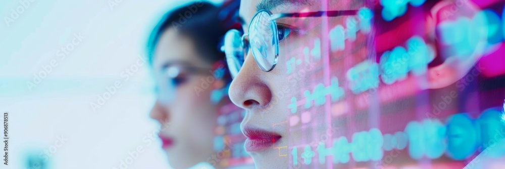 Aufkleber asian male and female scientists analyzing data on transparent screens in a modern laboratory with a