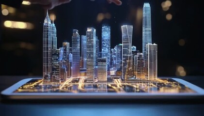 Digital twin of a smart city on a tablet, hologram concept for urban planning and management with buildings models. Infrastructure Technology. Generative AI.  - Powered by Adobe
