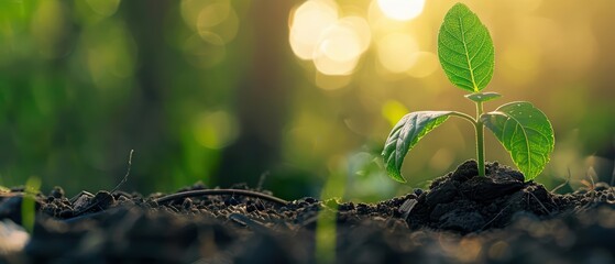 A coin nestled beside a thriving plant symbolizes financial growth under the warm sunlight filtering through the leaves, creating a banner with copy space for inspiring messages