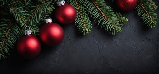 Christmas Decoration With fir Branches on a Dark Shale Background copy space