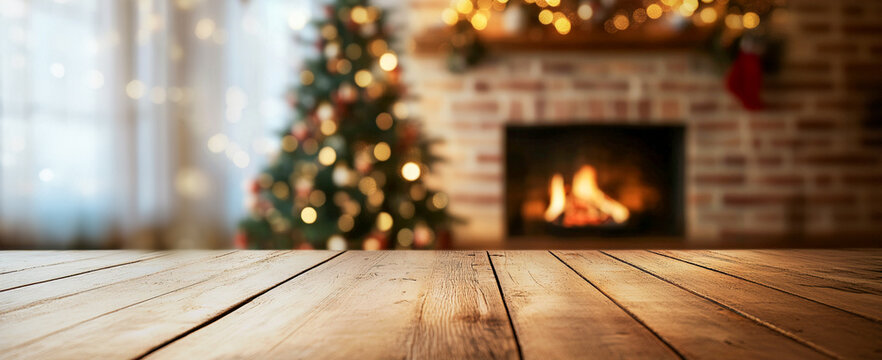 Mesa vac&iacute;a de madera clara con fondo borroso de un acogedor interior de casa en Navidad, con una chimenea y un &aacute;rbol decorado en la habitaci&oacute;n. Banner para montaje de exhibici&oacute;n de productos.