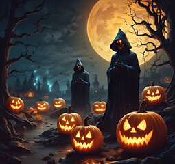 Eerie Halloween night scene featuring glowing carved pumpkins with sinister faces in the darkness.