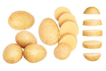 Set. Potato slices and young potatoes on a blank empty background.