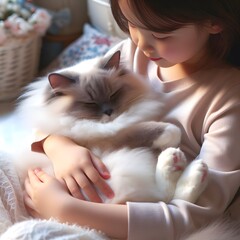 Young Girl Holding Sleeping Ragdoll Cat