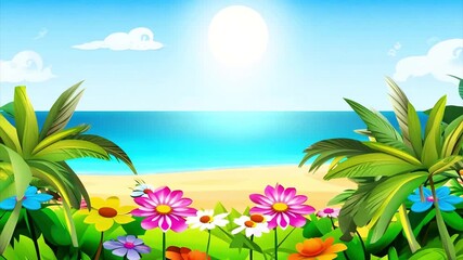 Beautiful cartoon of a tropical landscape with jungle and sea, tourist traveling promotion.
