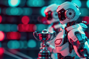 A supernatural scene of ultramodern sport prize distributions where AIpowered robots present trophies to champions