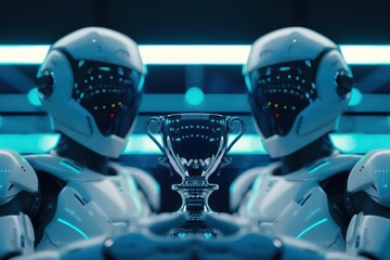 A supernatural scene of ultramodern sport prize distributions where AIpowered robots present trophies to champions