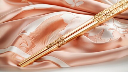 Naklejka premium Elegant golden chopsticks resting on luxurious silk fabric in a soft peach tone, perfect for culinary or Asian dining themes.