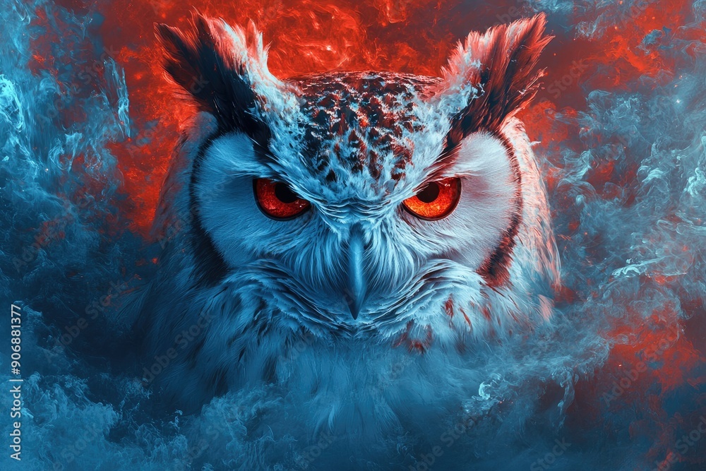 Canvas Prints Close-up of a Fiery Owl with Glowing Red Eyes