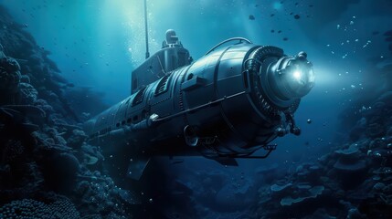 A supernatural underwater scene where futuristic submarines navigate through shipwrecks and ancient ruins