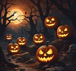Eerie Halloween night scene featuring glowing carved pumpkins with sinister faces in the darkness.