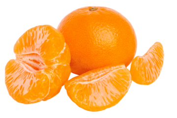 Set of whole tangerines. Peeled tangerine halves on a clean empty background.