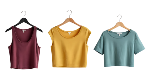 Three women's crop tops in burgundy, yellow, and teal on hangers, perfect for fashion websites, online clothing stores, or casual wear lookbooks. Transparent PNG.