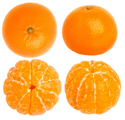 Set of whole tangerines. Peeled tangerines on a clean empty background.