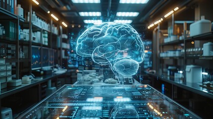 A modern lab showcases advanced holographic brain technology, highlighting innovative research and medical advancements in a high-tech environment.