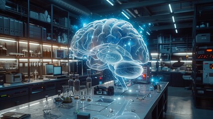 A modern laboratory bustling with advanced technology and medical research activities focused on brain studies and innovative health solutions.