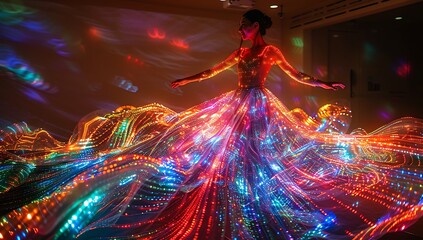 a woman in a colorful dress