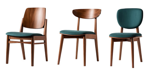 Three mid-century modern dining chairs with wood frames and teal upholstery, one with arms and two without. Perfect for furniture stores, home decor websites, or interior design projects. Transparent 