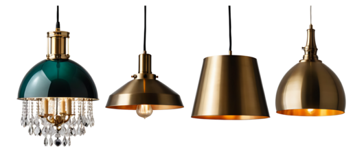Four pendant lights in various styles and finishes, ideal for home decor websites, lighting stores, or interior design projects. Transparent PNG.