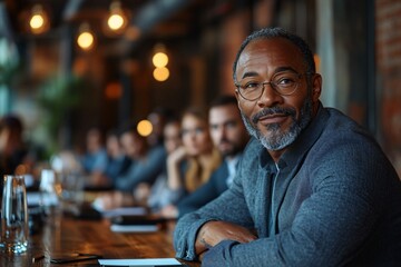 Obraz premium A man with glasses is sitting at a table with other people