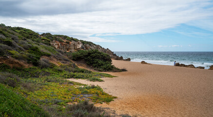 A secluded sandy beach is flanked by rugged cliffs and greenery, with the vast ocean meeting the shore, as a lone individual enjoys the tranquil seascape under a wide sky.