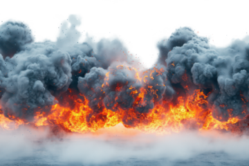 Large explosion with grey smoke and orange flames. 
