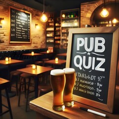 Generate ai  Two glasses of beer and pub quiz sign on wooden table