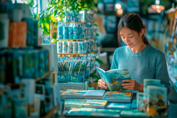 Young woman reading a book in a colorful stationery store