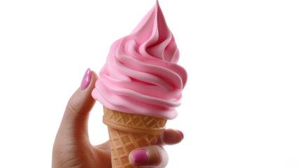 A hand holding a pink ice cream cone isolated on a transparent background