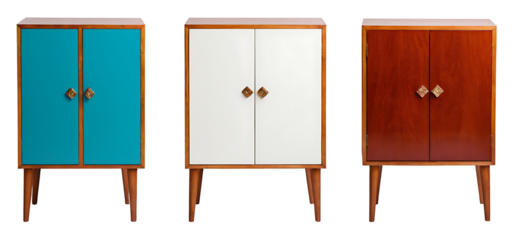 Three mid-century modern cabinets in teal, white, and orange with wooden accents and tapered legs. Perfect for home decor websites, furniture stores, or interior design blogs. Transparent PNG.