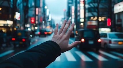 Fototapeta premium Stop Hand Gesture: A hand making a stop gesture with a busy street as the backdrop. 